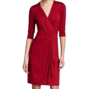 Trina Turk Red Dress, Crossover Wrap Style V-Neck, Knee Length 3/4 Sleeves Sz 10